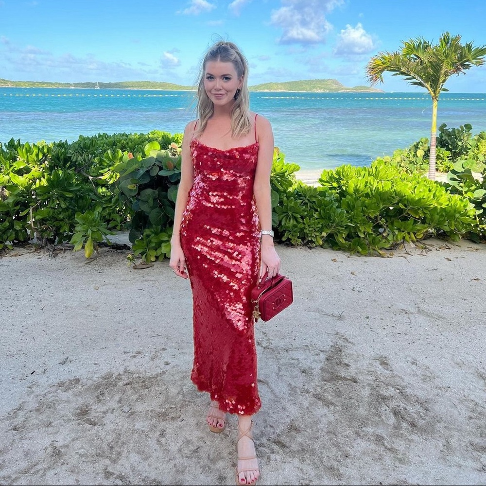 Bardot Red Sequin Cowl Neck Long Dress